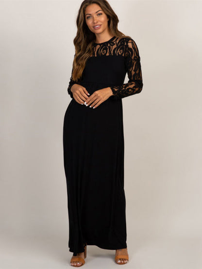 Maxi Dresses- Mother-to-Be Long Sleeve Maternity Maxi Dress for Baby Showers- Black- Chuzko Women Clothing