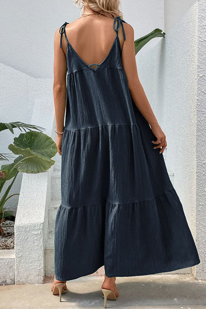 Maxi Dresses- Solid Tie-Shoulder Cami Tiered Maxi Dress with V Open Back- - IndioGear Fashion and Gear