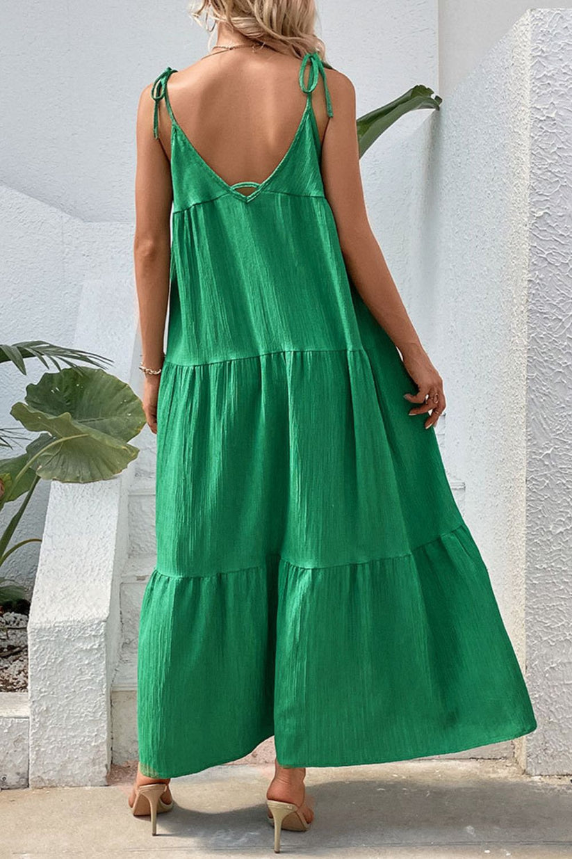 Maxi Dresses- Solid Tie-Shoulder Cami Tiered Maxi Dress with V Open Back- - IndioGear Fashion and Gear