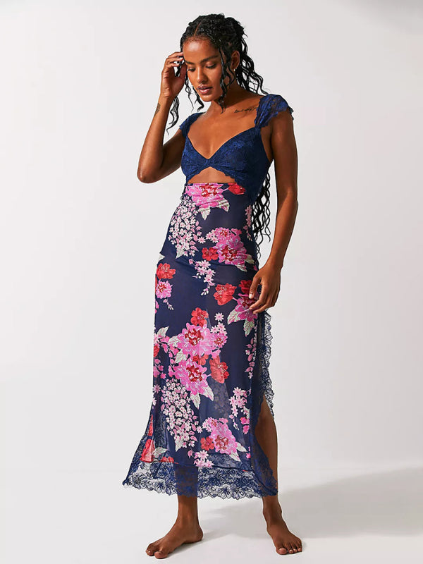 Maxi Dresses- Summer Backless Lace Slits Floral See-Through Cutout Maxi Dress- Blue- IndioGear Clothing and Gear