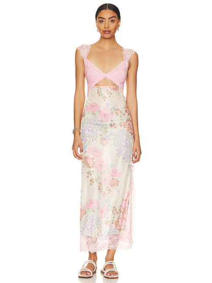 Maxi Dresses- Summer Backless Lace Slits Floral See-Through Cutout Maxi Dress- Pink- IndioGear Clothing and Gear