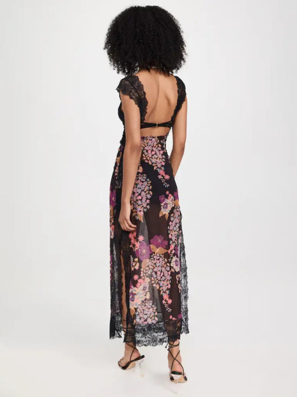 Maxi Dresses- Summer Backless Lace Slits Floral See-Through Cutout Maxi Dress- - IndioGear Clothing and Gear