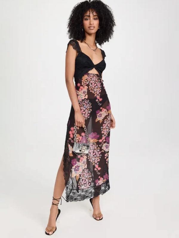 Maxi Dresses- Summer Backless Lace Slits Floral See-Through Cutout Maxi Dress- - IndioGear Clothing and Gear