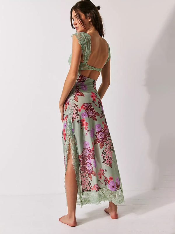 Maxi Dresses- Summer Backless Lace Slits Floral See-Through Cutout Maxi Dress- - IndioGear Clothing and Gear