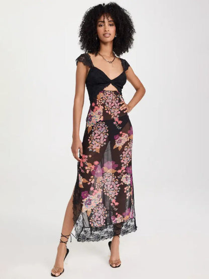 Maxi Dresses- Summer Backless Lace Slits Floral See-Through Cutout Maxi Dress- Black- IndioGear Clothing and Gear