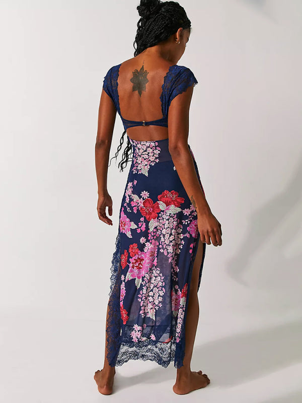 Maxi Dresses- Summer Backless Lace Slits Floral See-Through Cutout Maxi Dress- - IndioGear Clothing and Gear