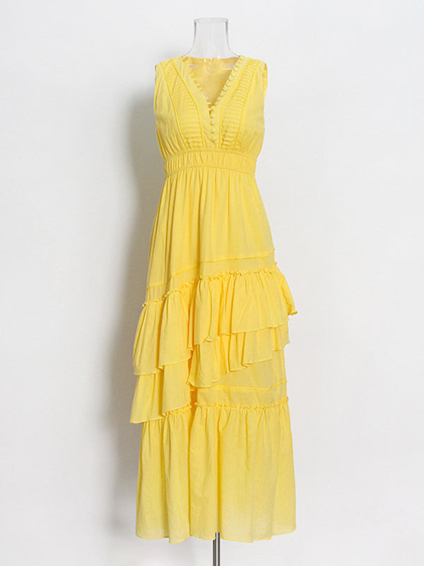 Maxi Dresses- Textured Twinned Pintuck Asymmetrical Ruffle Maxi Dress with- Yellow- IndioGear Fashion and Gear