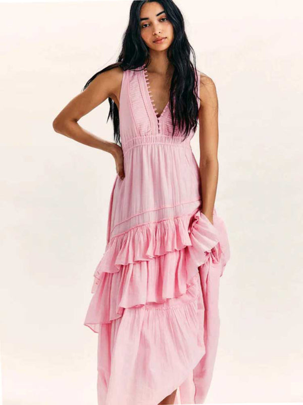 Maxi Dresses- Textured Twinned Pintuck Asymmetrical Ruffle Maxi Dress with- Pink- IndioGear Fashion and Gear