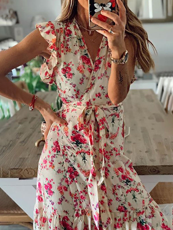 Maxi Dresses- Trendy Floral Tiered Maxi Dress with Waist Tie & Pockets - Shine On!- - Pekosa Women Clothing