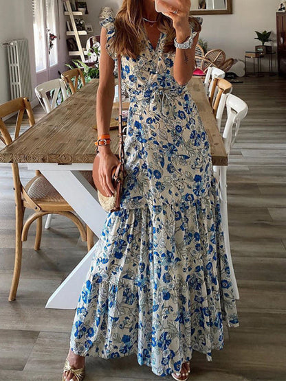 Maxi Dresses- Trendy Floral Tiered Maxi Dress with Waist Tie & Pockets - Shine On!- Blue- Pekosa Women Clothing