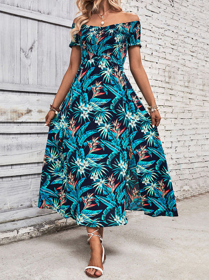 Maxi Dresses- Tropical Maxi Dress: Off Shoulder, A-line, Split Thigh, Ruffle Hem- - IndioGear Fashion and Gear