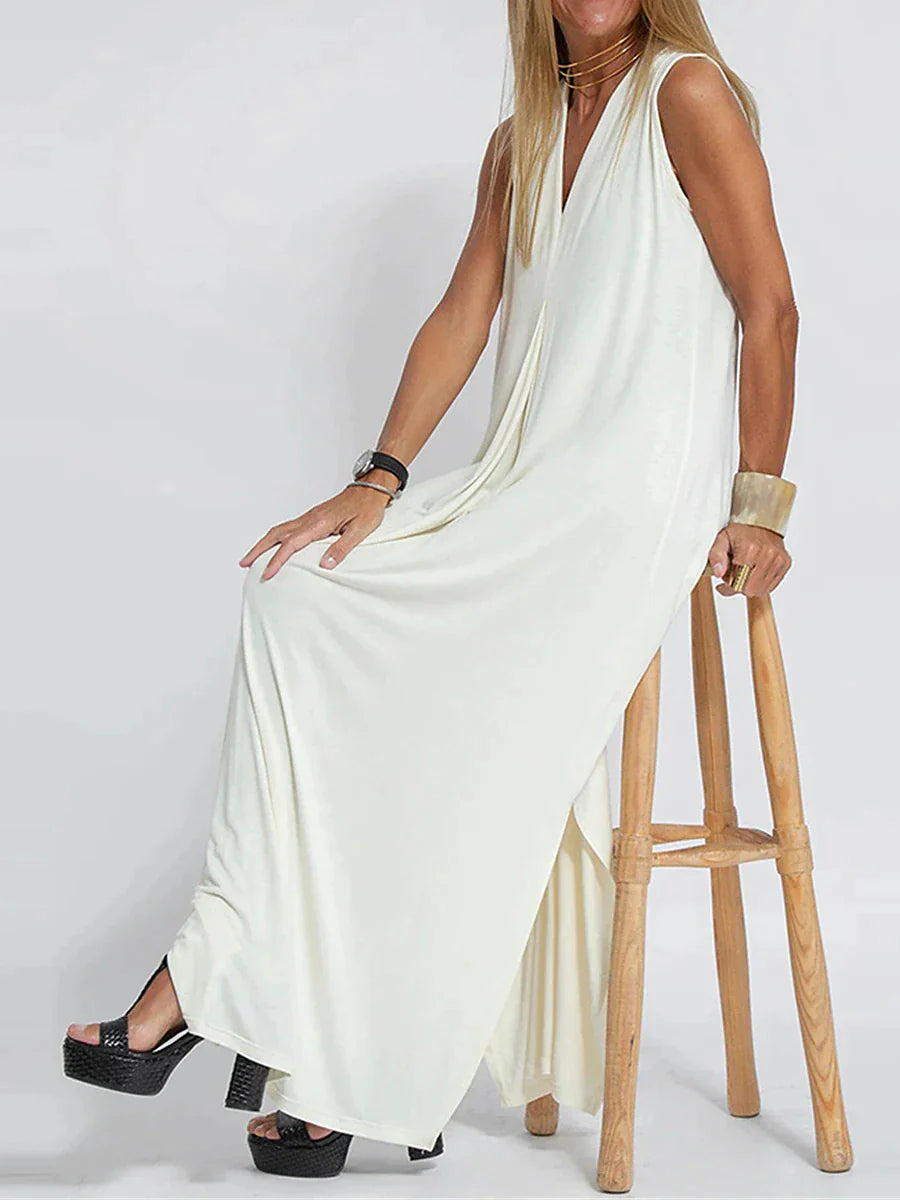 Maxi Dresses- Vacation Essential: Sleeveless V Neck Maxi Dress with Side Slits- - Pekosa Women Clothing