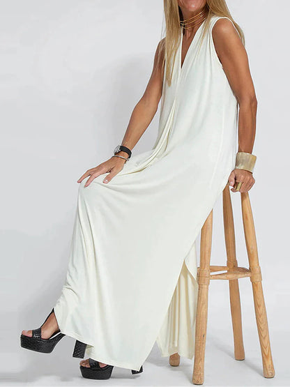 Maxi Dresses- Vacation Essential: Sleeveless V Neck Maxi Dress with Side Slits- - Pekosa Women Clothing