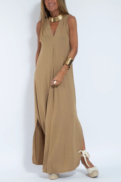 Maxi Dresses- Vacation Essential: Sleeveless V Neck Maxi Dress with Side Slits- Khaki- Pekosa Women Clothing