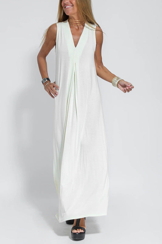 Maxi Dresses- Vacation Essential: Sleeveless V Neck Maxi Dress with Side Slits- White- Pekosa Women Clothing