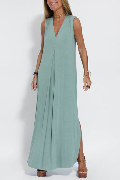 Maxi Dresses- Vacation Essential: Sleeveless V Neck Maxi Dress with Side Slits- Blue- Pekosa Women Clothing