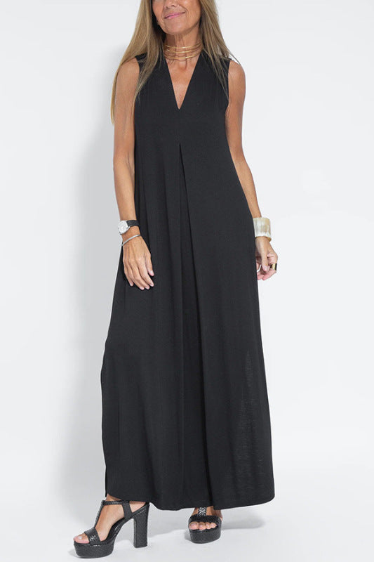 Maxi Dresses- Vacation Essential: Sleeveless V Neck Maxi Dress with Side Slits- Black- Pekosa Women Clothing