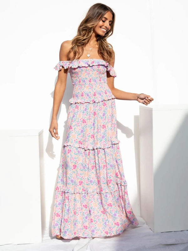 Maxi Dresses- Vacation Floral Print Off Shoulder A-Line Maxi Dress- - IndioGear Fashion and Gear