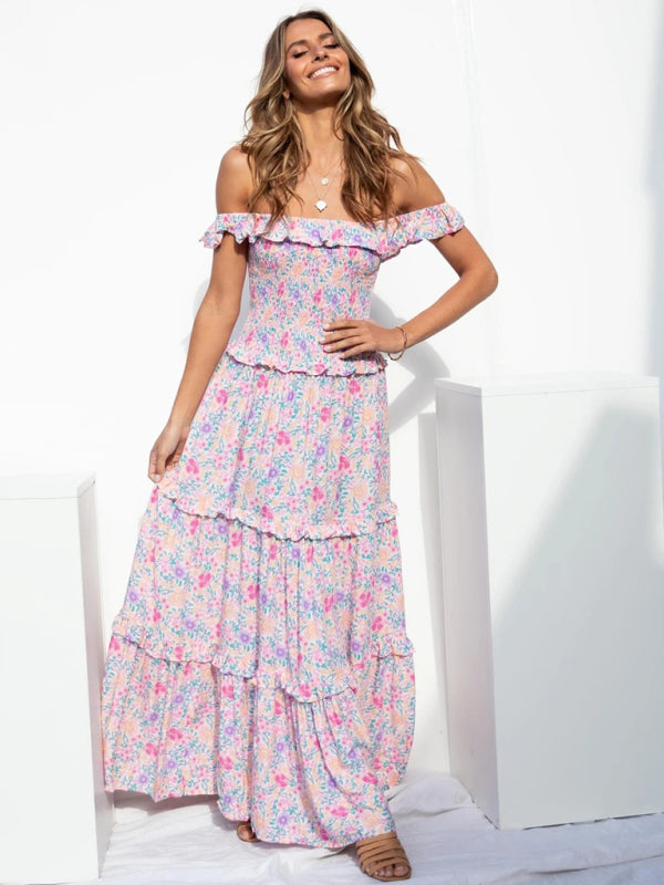 Maxi Dresses- Vacation Floral Print Off Shoulder A-Line Maxi Dress- Pinkpurple- IndioGear Fashion and Gear