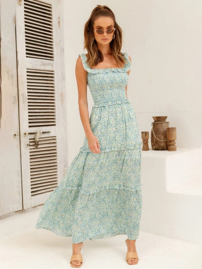 Maxi Dresses- Vacation Floral Print Off Shoulder A-Line Maxi Dress- - IndioGear Fashion and Gear