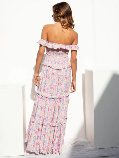 Maxi Dresses- Vacation Floral Print Off Shoulder A-Line Maxi Dress- - IndioGear Fashion and Gear