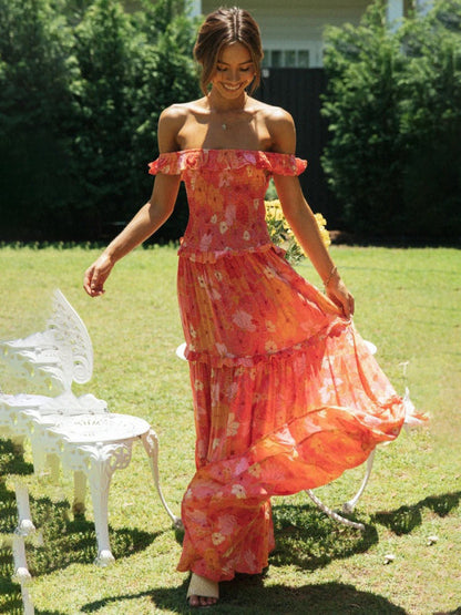 Maxi Dresses- Vacation Floral Print Off Shoulder A-Line Maxi Dress- - IndioGear Fashion and Gear