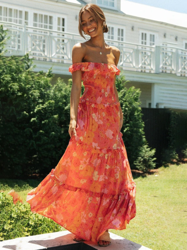 Maxi Dresses- Vacation Floral Print Off Shoulder A-Line Maxi Dress- - IndioGear Fashion and Gear