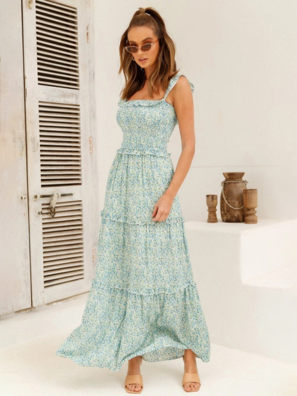 Maxi Dresses- Vacation Floral Print Off Shoulder A-Line Maxi Dress- - IndioGear Fashion and Gear