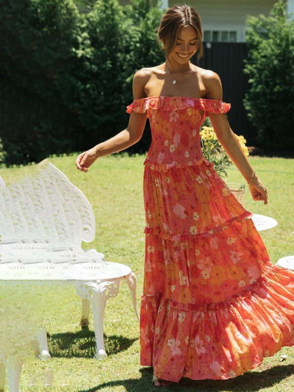 Maxi Dresses- Vacation Floral Print Off Shoulder A-Line Maxi Dress- - IndioGear Fashion and Gear