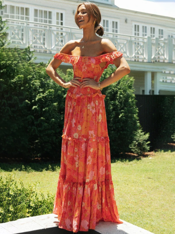 Maxi Dresses- Vacation Floral Print Off Shoulder A-Line Maxi Dress- - IndioGear Fashion and Gear