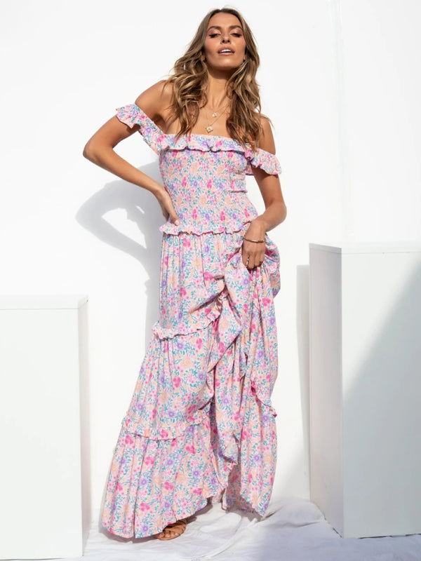 Maxi Dresses- Vacation Floral Print Off Shoulder A-Line Maxi Dress- - IndioGear Fashion and Gear