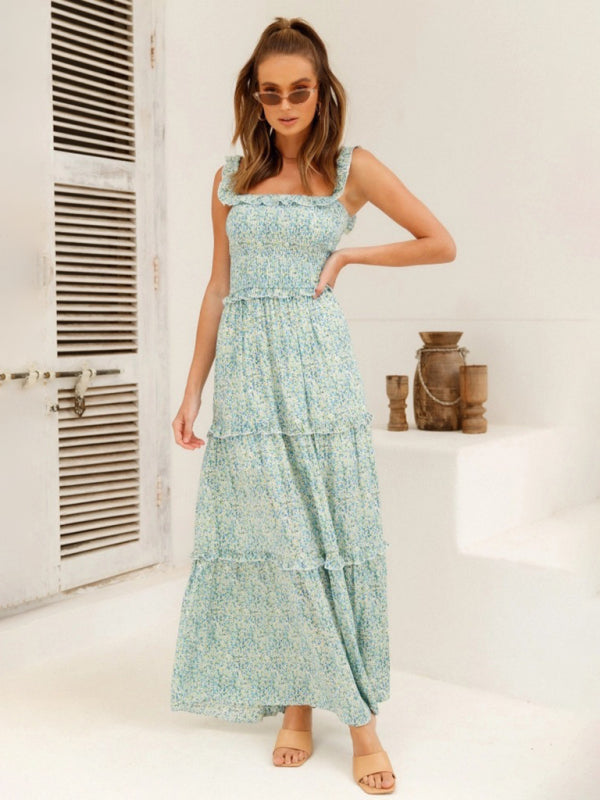 Maxi Dresses- Vacation Floral Print Off Shoulder A-Line Maxi Dress- Pale green- IndioGear Fashion and Gear