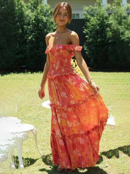 Maxi Dresses- Vacation Floral Print Off Shoulder A-Line Maxi Dress- - IndioGear Fashion and Gear