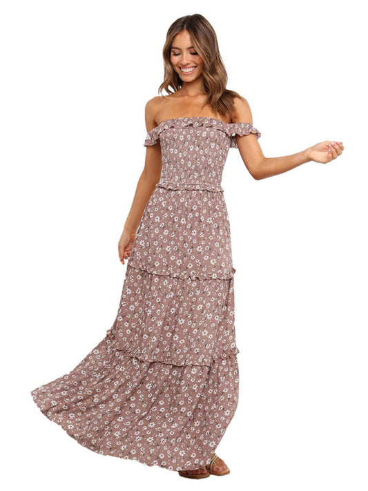 Maxi Dresses- Vacation Floral Print Off Shoulder A-Line Maxi Dress- Brown- IndioGear Fashion and Gear