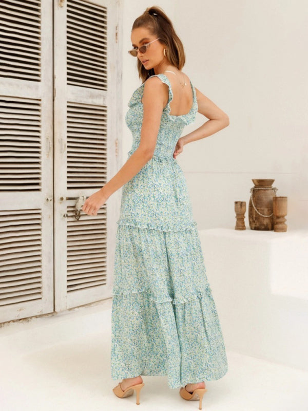 Maxi Dresses- Vacation Floral Print Off Shoulder A-Line Maxi Dress- - IndioGear Fashion and Gear