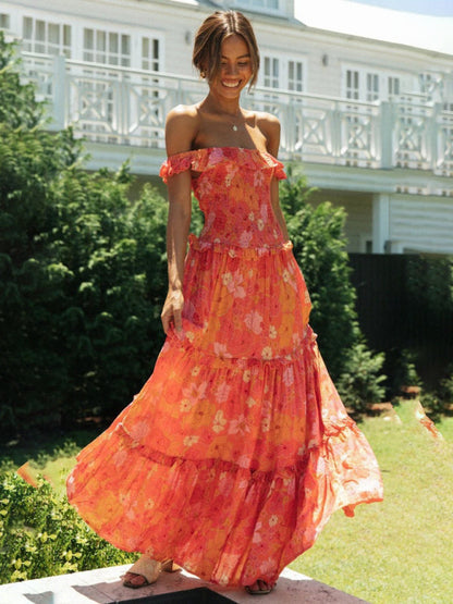 Maxi Dresses- Vacation Floral Print Off Shoulder A-Line Maxi Dress- Orange- IndioGear Fashion and Gear