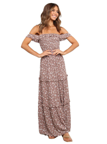 Maxi Dresses- Vacation Floral Print Off Shoulder A-Line Maxi Dress- - IndioGear Fashion and Gear