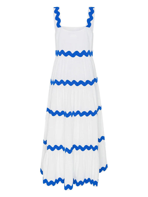 Maxi Dresses- Vacation Ric-Rac Trimmed Tiered Cami Maxi Dress for Summer- - IndioGear Fashion and Gear