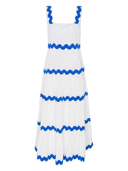 Maxi Dresses- Vacation Ric-Rac Trimmed Tiered Cami Maxi Dress for Summer- - IndioGear Fashion and Gear