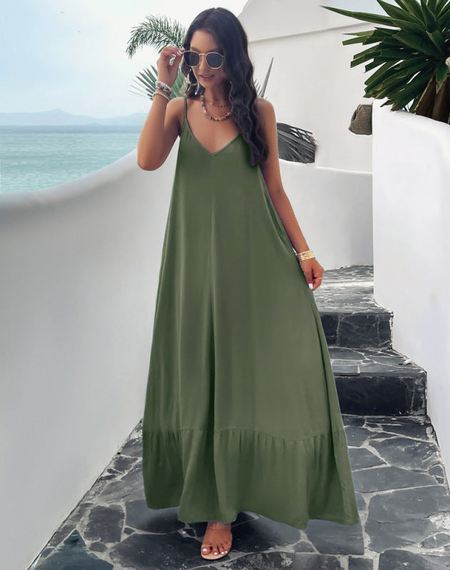 Maxi Dresses- Vacation Summer Flowy Cami Maxi Dress- Green- IndioGear Clothing and Gear