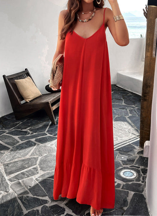 Maxi Dresses- Vacation Summer Flowy Cami Maxi Dress- Red- IndioGear Clothing and Gear