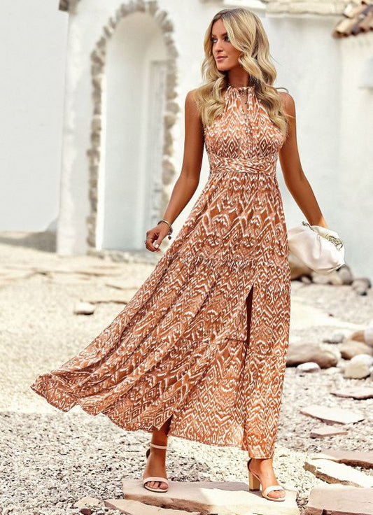 Maxi Dresses- Women's Boho Halter Neck Maxi Dress: Slit Leg & Tiered Ruffles- Brown- IndioGear Fashion and Gear