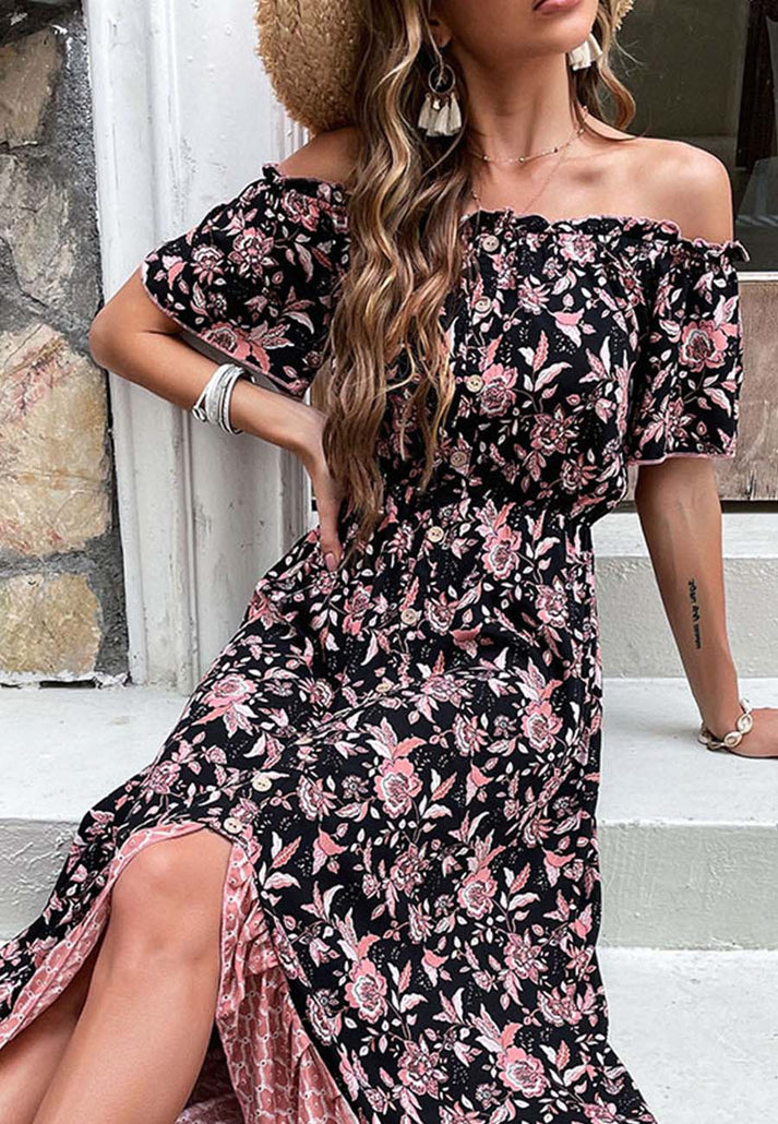 Maxi Dresses- Women's Casual Floral Asymmetrical Off Shoulders Buttoned Midi Dress- - IndioGear Fashion and Gear