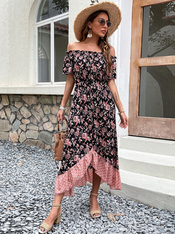 Maxi Dresses- Women's Casual Floral Asymmetrical Off Shoulders Buttoned Midi Dress- - IndioGear Fashion and Gear