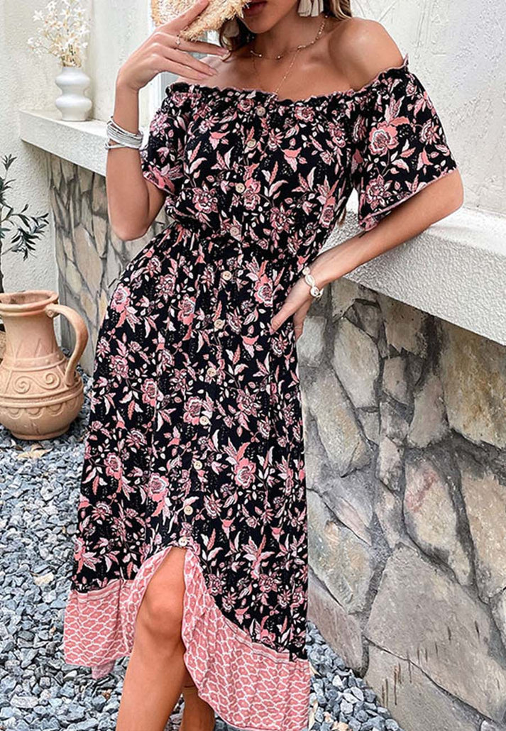 Maxi Dresses- Women's Casual Floral Asymmetrical Off Shoulders Buttoned Midi Dress- - IndioGear Fashion and Gear