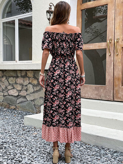 Maxi Dresses- Women's Casual Floral Asymmetrical Off Shoulders Buttoned Midi Dress- - IndioGear Fashion and Gear