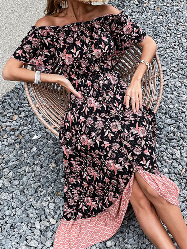 Maxi Dresses- Women's Casual Floral Asymmetrical Off Shoulders Buttoned Midi Dress- Black- IndioGear Fashion and Gear