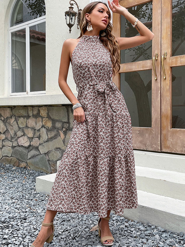 Maxi Dresses- Women's Floral Halter Neck Maxi Dress with Belt - Be Unforgettable!- - IndioGear Fashion and Gear