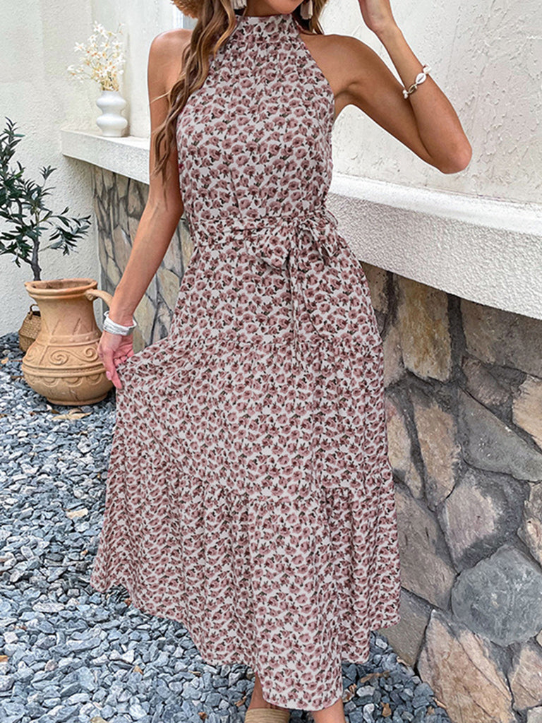 Maxi Dresses- Women's Floral Halter Neck Maxi Dress with Belt - Be Unforgettable!- - IndioGear Fashion and Gear