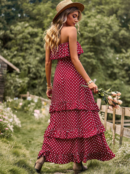 Maxi Dresses- Women's Polka Dot Strapless Tiered Maxi Dress With Slit Leg- - IndioGear Fashion and Gear